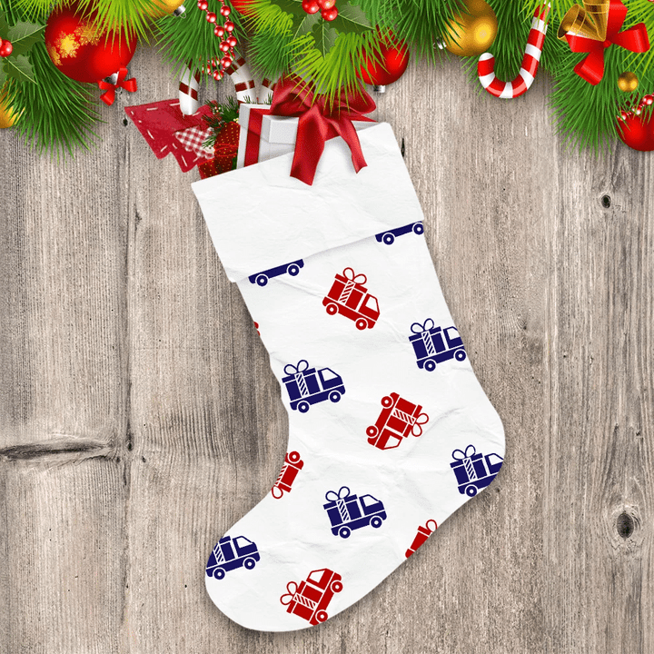 Blue And Red Delivery Truck And Gift Icons On White Background Christmas Stocking