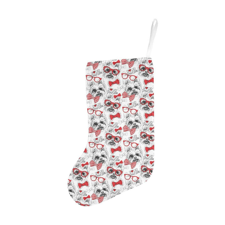 White Background Christmas Stocking Christmas Gift Yorkshire Terrier With Glasses
