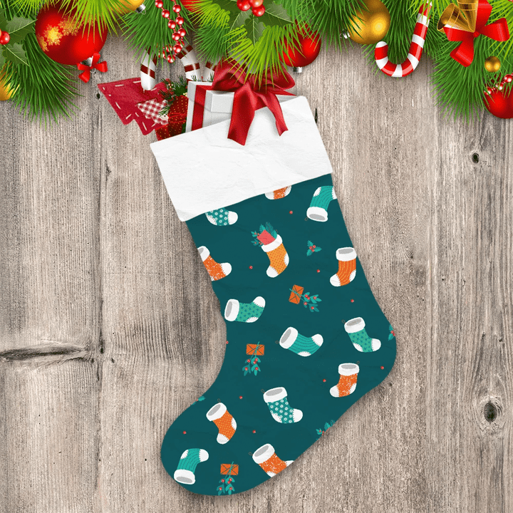Envelop And Leave In Christmas Socks On Green Background Christmas Stocking