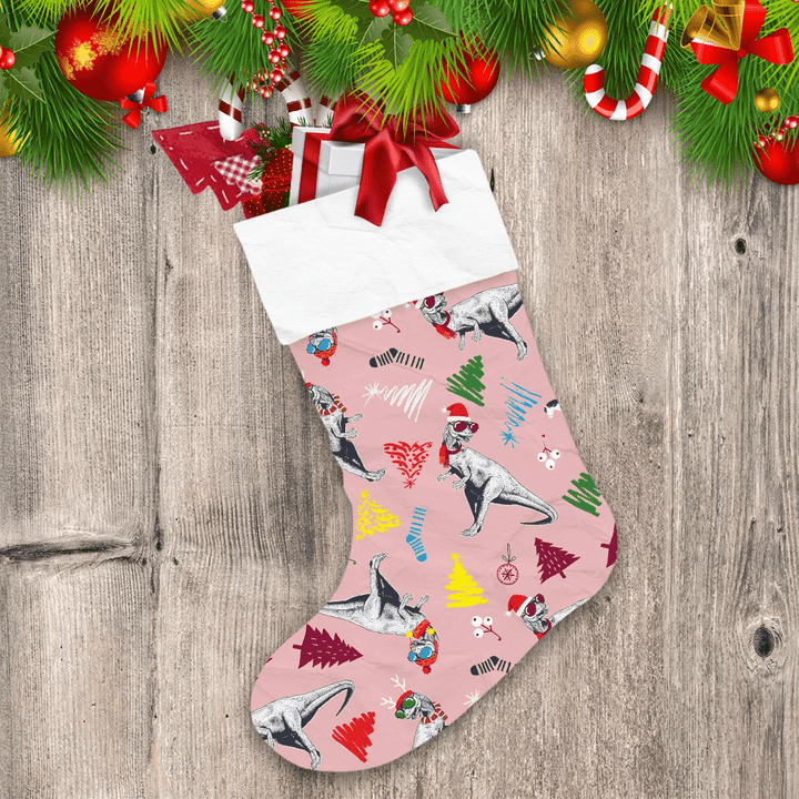 Hand Drawn Cool Dinosaurs With Colorful Glasses Christmas Stocking