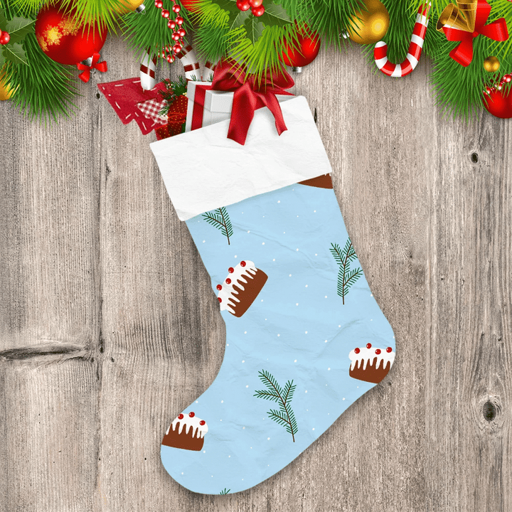 Sweet Cake With Cherry Berries Icing Spruce Twigs On Blue Background Christmas Stocking