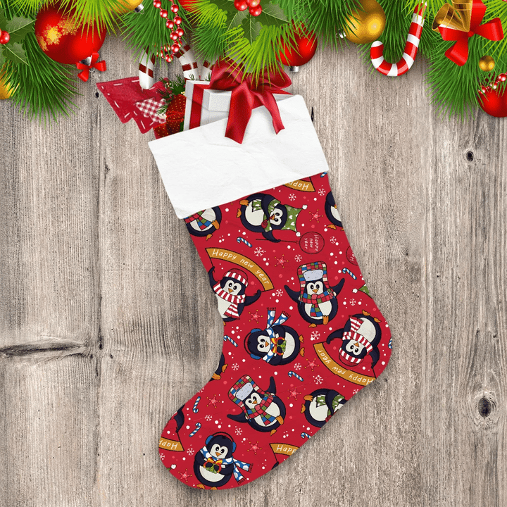 Christmas Cartoon Penguins Candy Canes And Snowflakes Christmas Stocking
