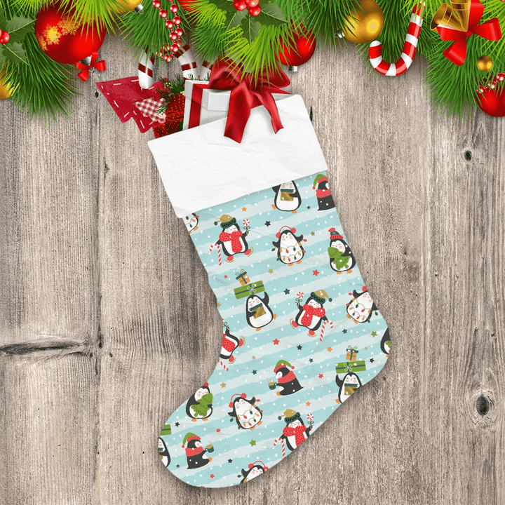 Christmas Cute Penguins On Line Stripe Background Christmas Stocking