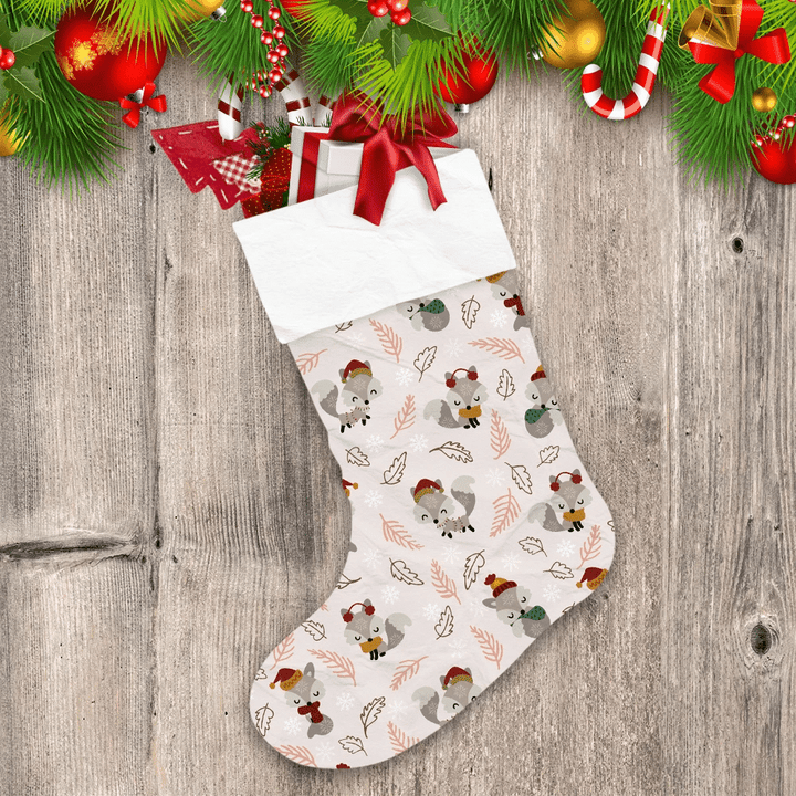 Cute Little Wolf With Dry Twigs And Leaf Christmas Stocking