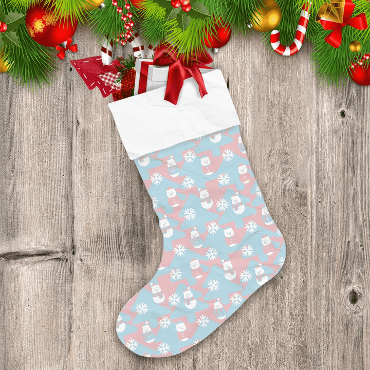 Graphic Design Pink And Blue Snowmans Trees And Snowflakes Christmas Stocking