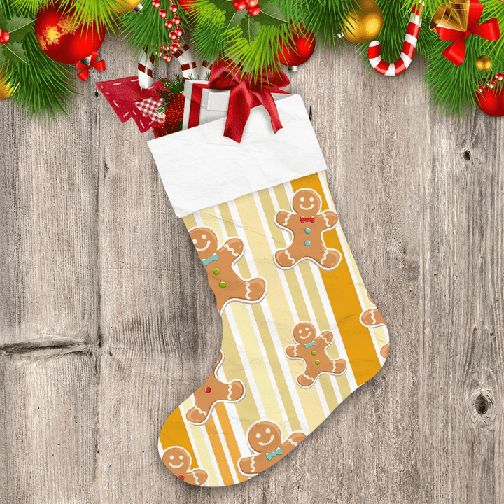 Kawaii Gingerbread Man Smiling Face On Colorful Striped Background Christmas Stocking