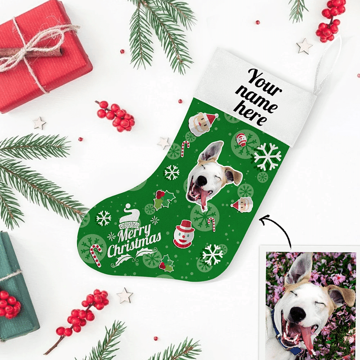 Santa Snowflake Christmas Stocking Christmas Gift Custom Name And Photo Merry Chirstmas My Pet Green