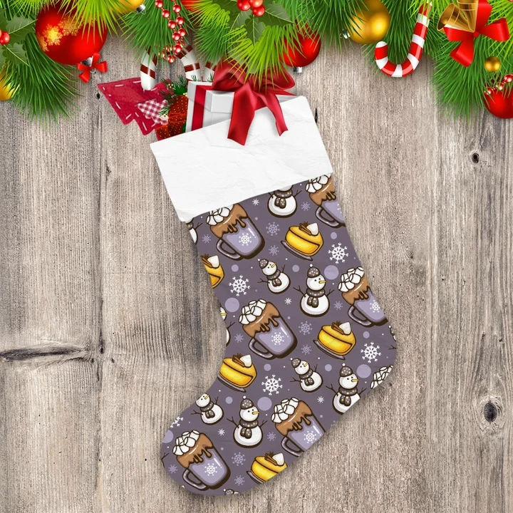 Funny Snowman Honey Cakes And Hot Chocolate Marshmallows Cup Pattern Christmas Stocking