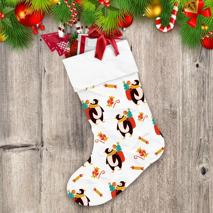 Christmas Cute Penguins With Falling Candy Christmas Stocking