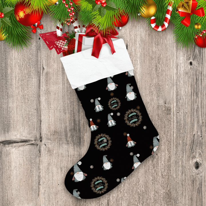 Winter Flower Wreath And Gnomes On Black Background Christmas Stocking