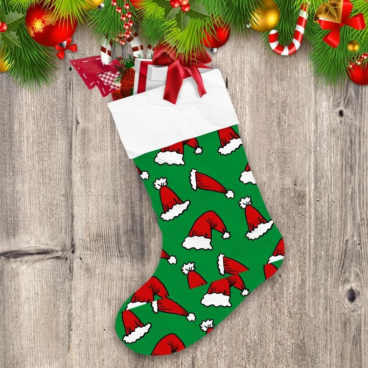 Christmas Green Background With Red Santa Hat Christmas Stocking