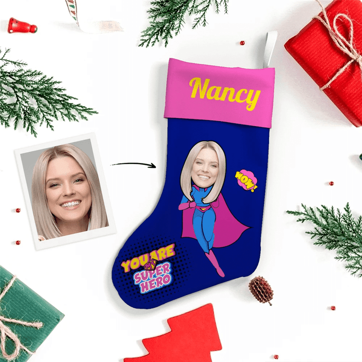 Custom Face Christmas Stocking Christmas Gift Super Woman With Text