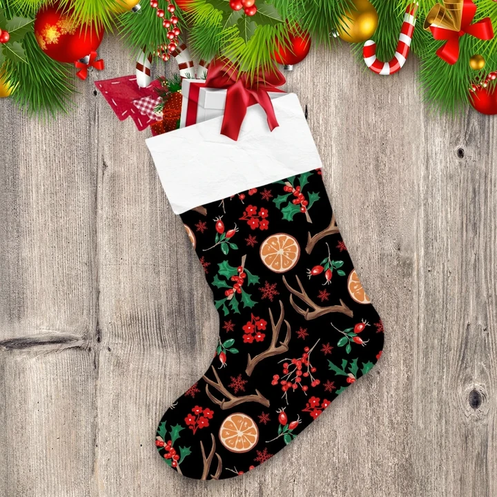 Christmas With Antlers And Mistletoe On Black Christmas Stocking