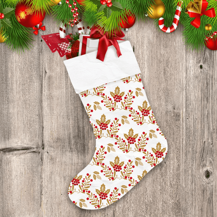 Abstract Golden Holly Leaves With Red Berries Pattern Christmas Stocking