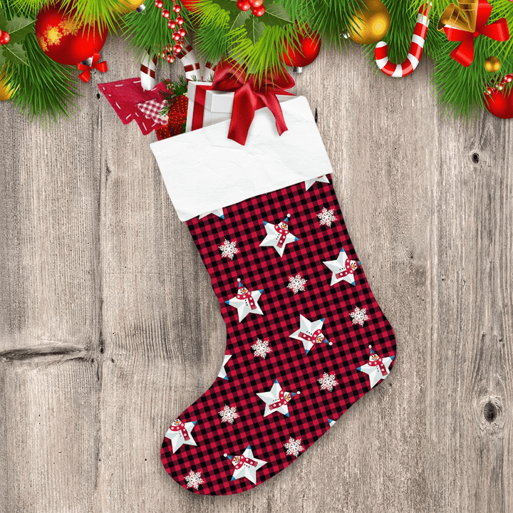 Five Point Star Snowmand And Snowflakes On Red Plaid Background Christmas Stocking