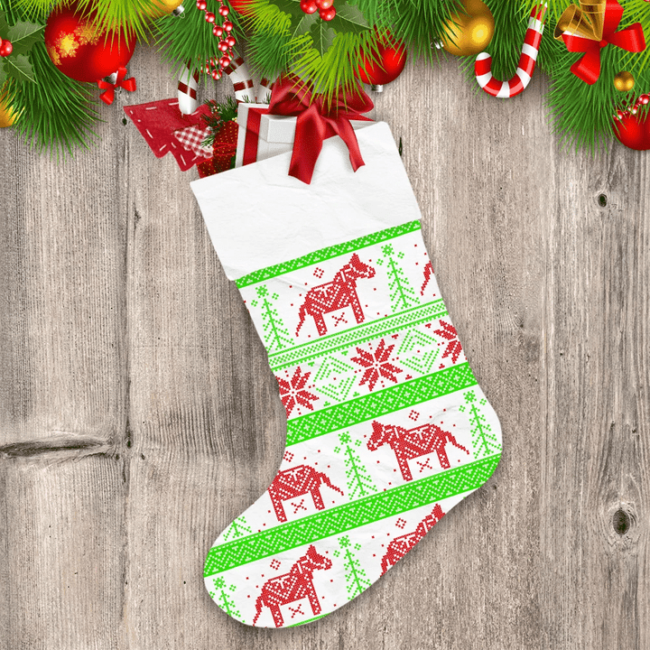 Dark Green And Red Nordic Christmas With Horse Christmas Stocking Christmas Gift