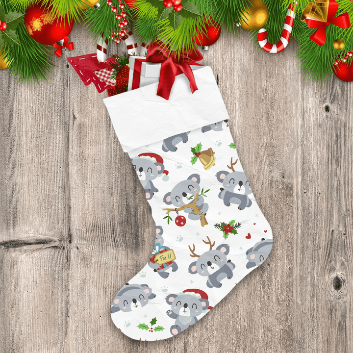 Cartoon Cute Koala Smiling Face With Bells And Holly Leaves Christmas Stocking