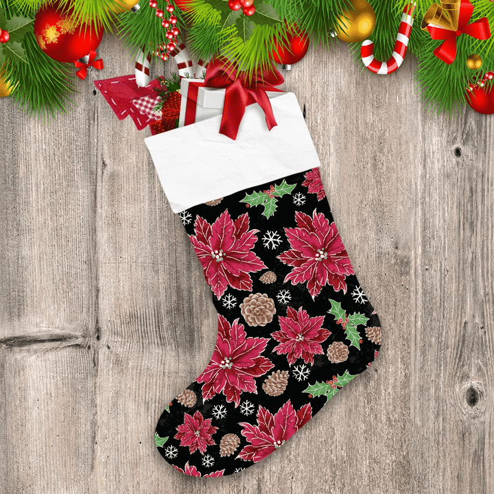 Christmas Red Poinsettia Black Pinecone And Berries Christmas Stocking