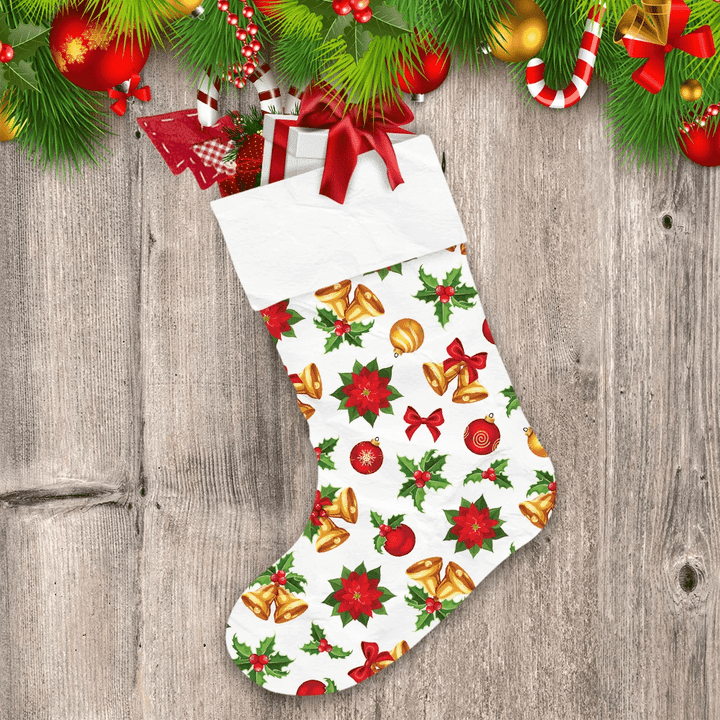 Red And Gold Christmas Balls Bells Holly And Red Poinsettia Christmas Stocking