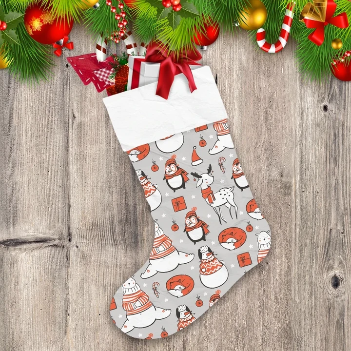Christmas Festive Trendy Penguins Animals Grey Background Christmas Stocking