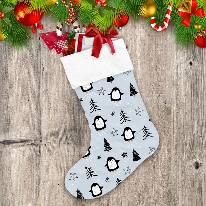 Christmas Winter With Cute Penguin And Tree Christmas Stocking