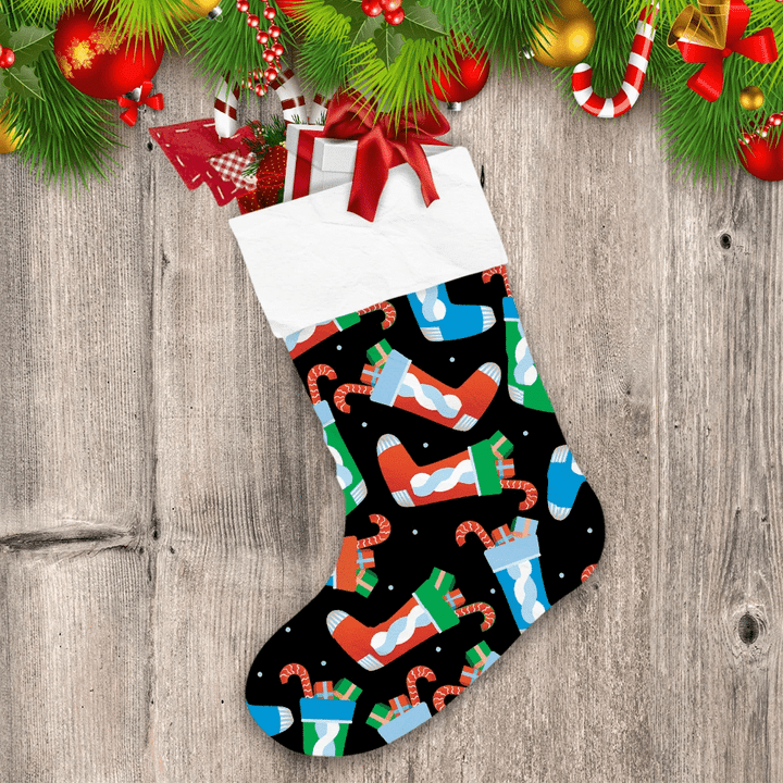 Box Gift And Candy Cane In Christmas Socks Christmas Stocking