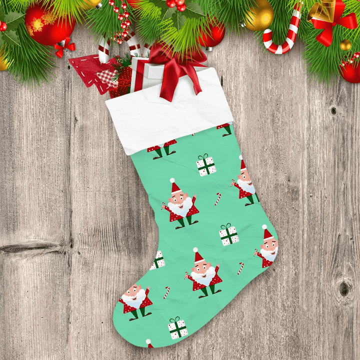 Happy Elves Gifts Cartoon Illustration Green Background Christmas Stocking