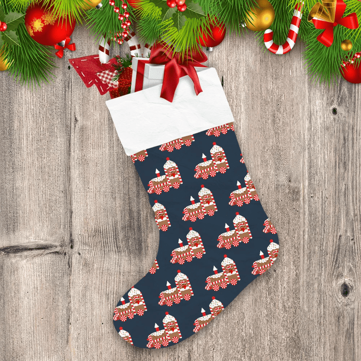 Christmas Gingerbread Train Candy On Blue Background Christmas Stocking