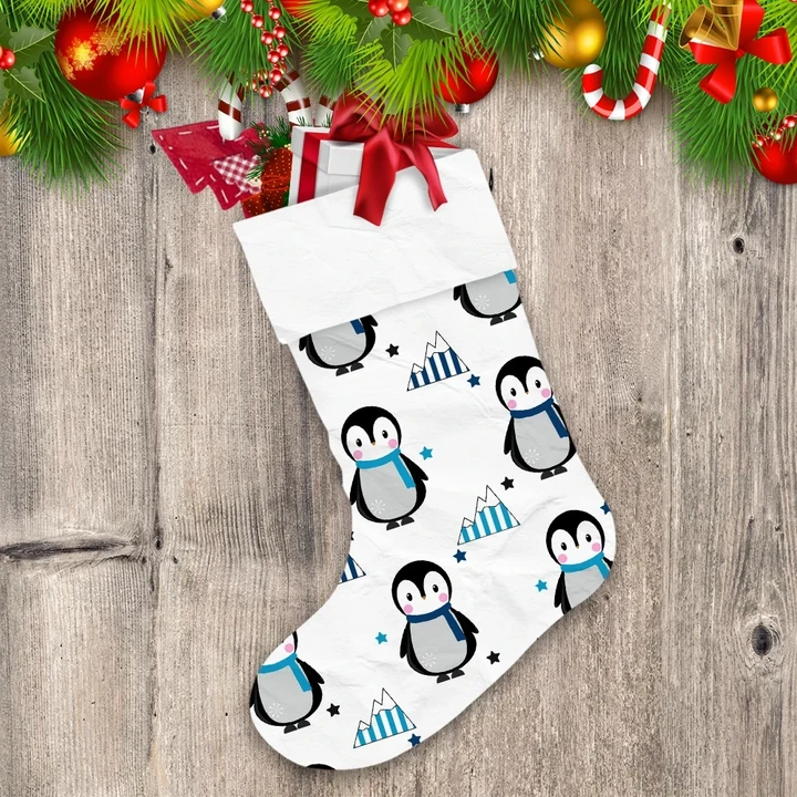 Christmas Cartoon Penguin In Scarf And Glacier Christmas Stocking