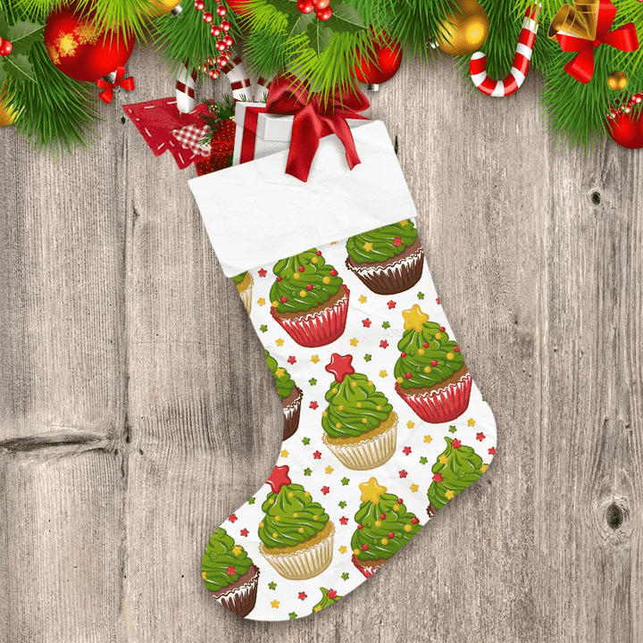 Green Tree Cupcake With Cream Frosting Star And Garland Christmas Stocking