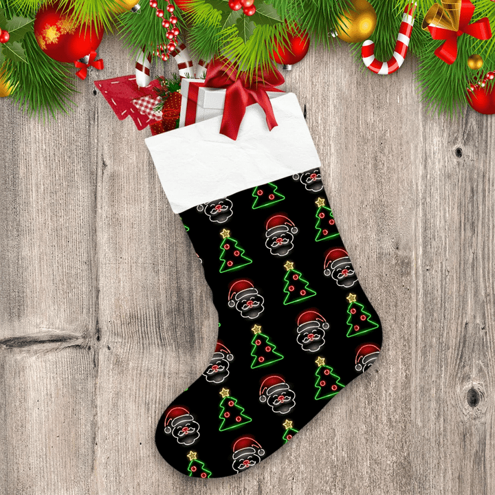 Neon Icons Of Santa Faces And Christmas Trees On Black Background Christmas Stocking