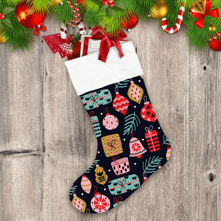 Awesome Christmas Ornaments Pattern On Black Background Christmas Stocking