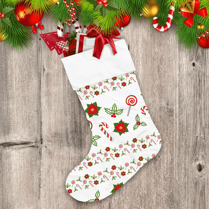 Christmass Poinsettia Mistletoeholly Berries And Candy Christmas Stocking