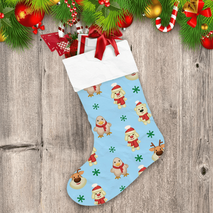 Cute Animals With Christmas Red Scarf And Hat Cartoon Pattern Christmas Stocking
