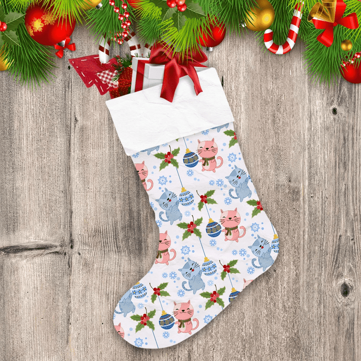 Cute Cat With Christmas Ball And Blue Snowflake Christmas Stocking