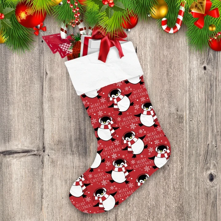 Christmas Cartoon Penguins Wear Earmuffs And Red Scarf Christmas Stocking