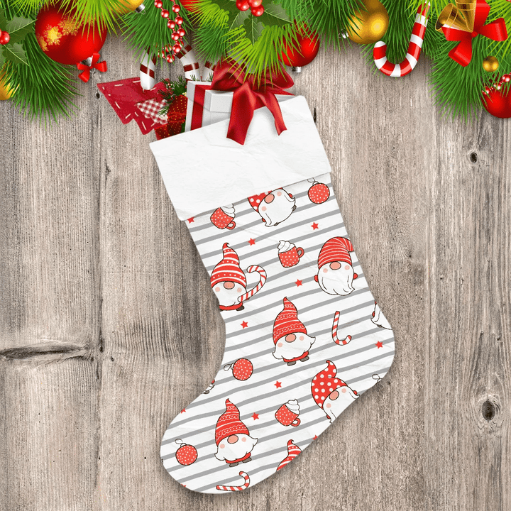 Gray Striped Tiny Gnome And Candies Elements Christmas Stocking