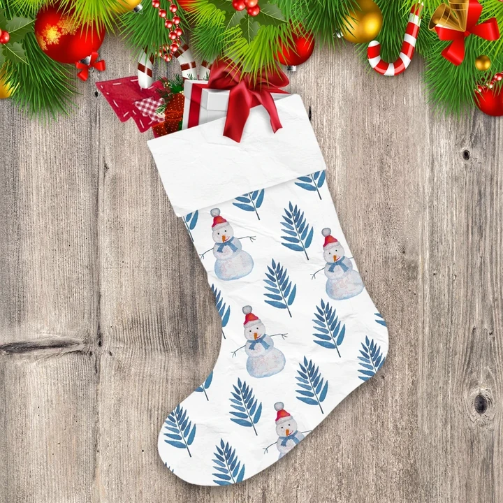 Christmas Snowman And Blue Leave Christmas Stocking