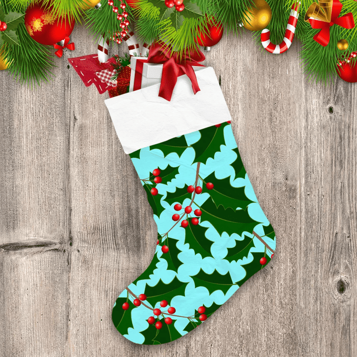 Trendy Holly Branches With Berries On Blue Background Christmas Stocking