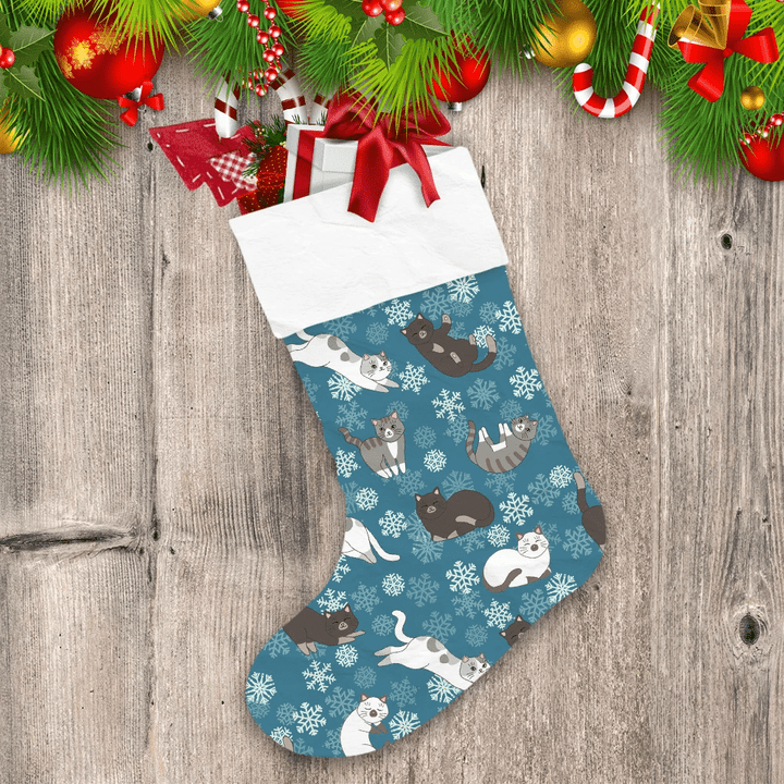 Sleeping And Playing Kittens Snowflakes On Blue Background Christmas Stocking