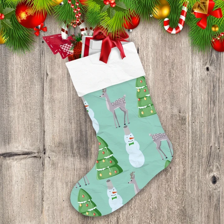 Reindeer Scared Christmas Snowman And Trees Christmas Stocking
