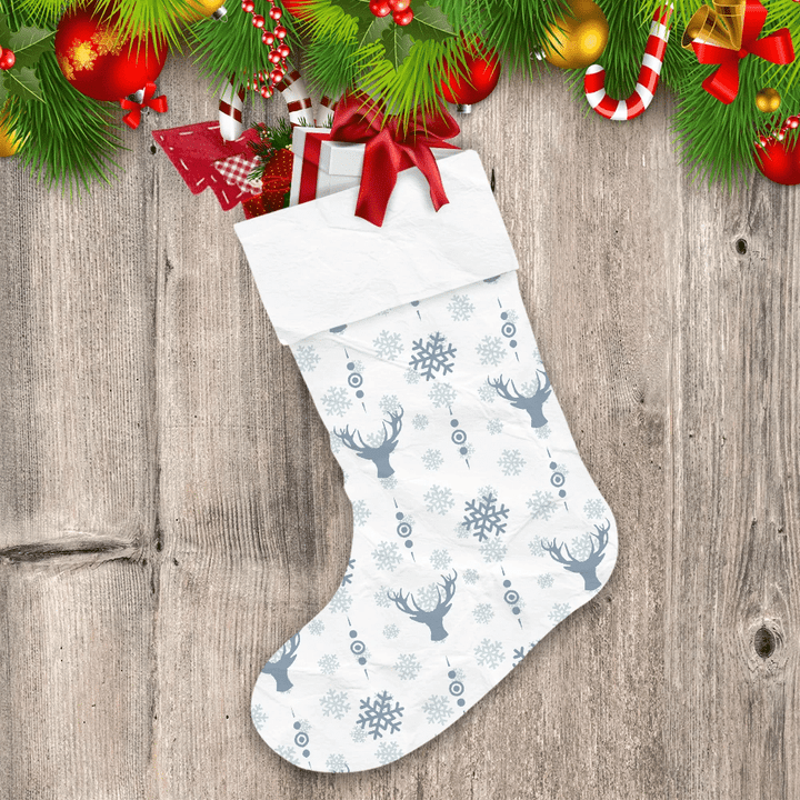Blue Deer Heads And Snowflakes On White Background Christmas Stocking