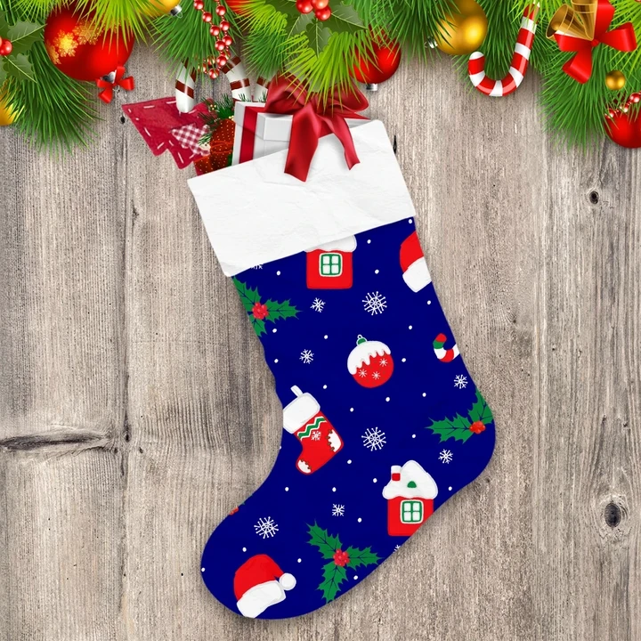 Colorful Holly Socks Santa Hats Christmas Sugar Cane And House Christmas Stocking