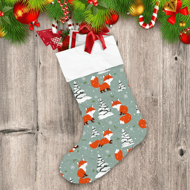 Cute Foxes And Pine Tree Under The Snow Christmas Stocking