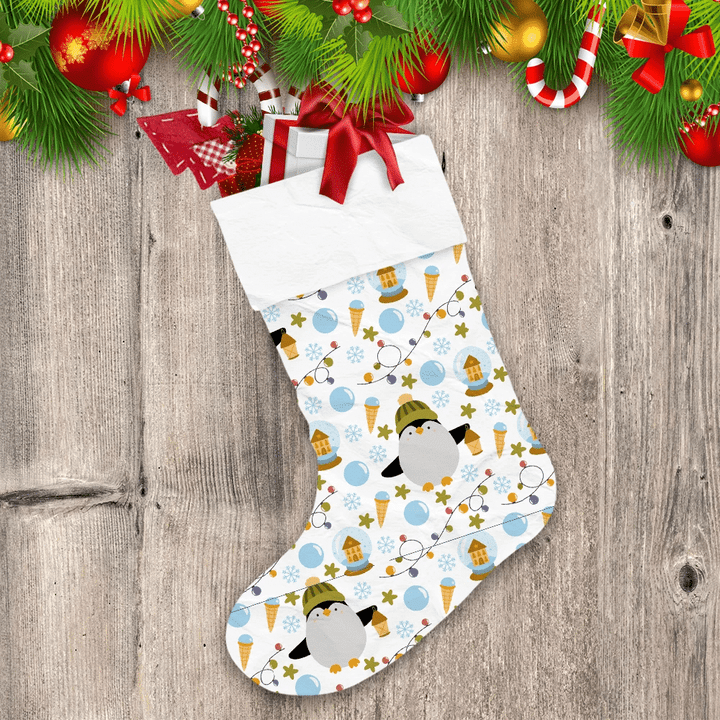 Christmas Festive Background With Penguin And Ice Ball Christmas Stocking