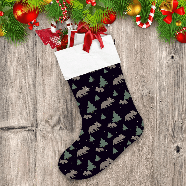 Wolf And Christmas Trees On A Black Background Christmas Stocking
