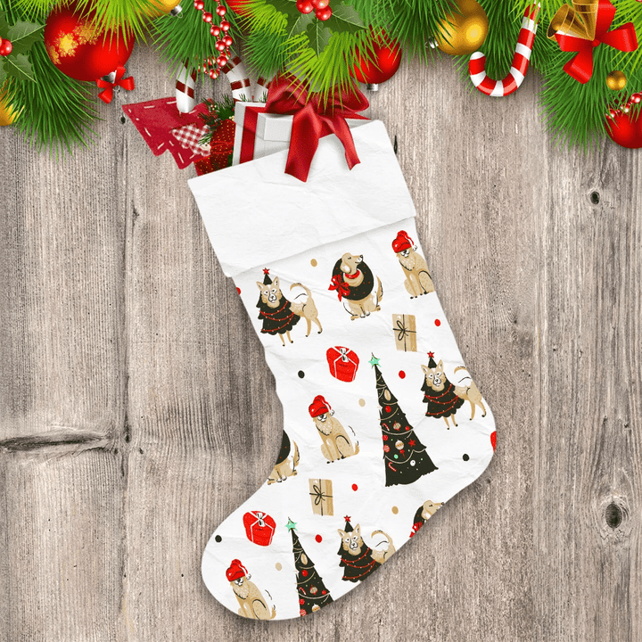 Hand Drawn Abstract Pet Dogs In Holidays Christmas Stocking
