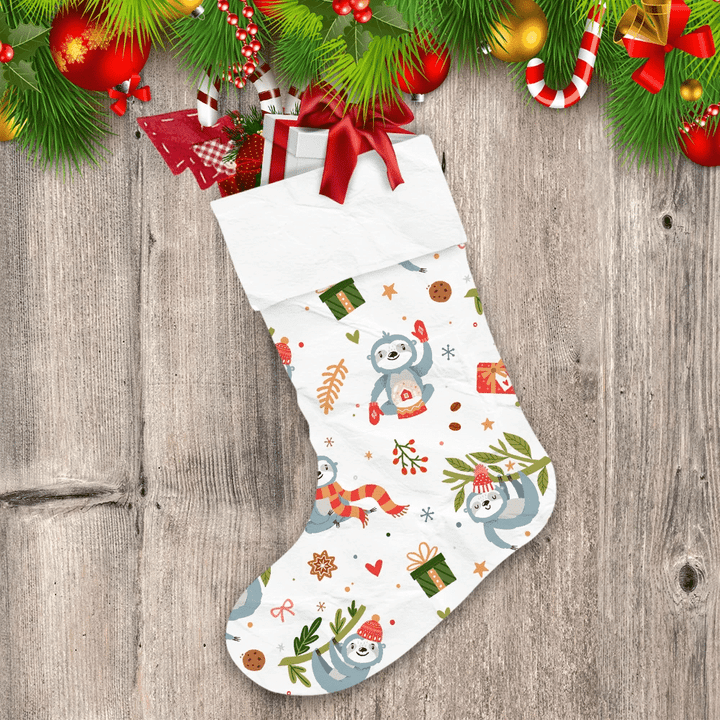 Cute Cartoon Christmas Sloths In Winter Clothes Christmas Stocking