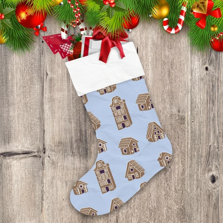 Naive Christmas Honey Cakes Gingerbread Houses On Blue Background Christmas Stocking