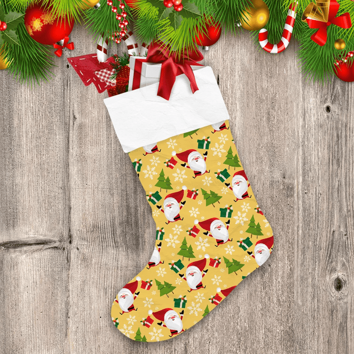 Illustrated Happy Santa Claus With Gift Boxes Snowflakes And Trees Christmas Stocking